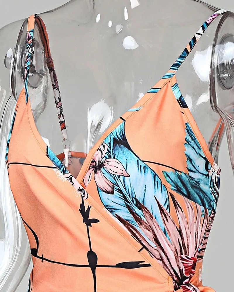 Tropical Print V-Neck Trendy Wrap Casual Dress