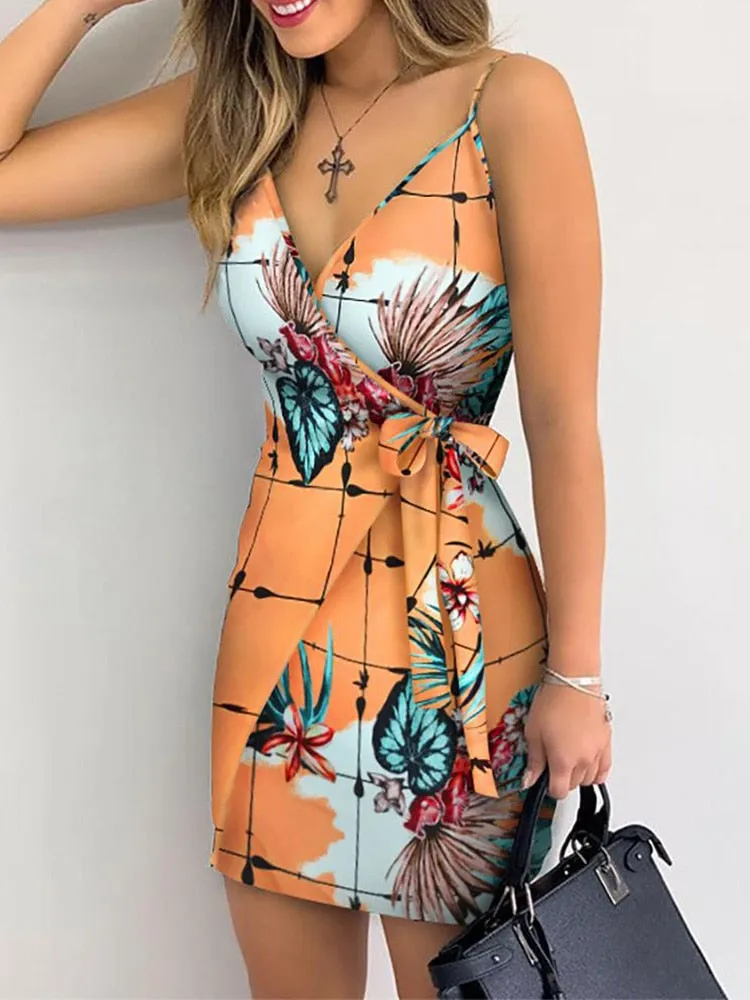 Tropical Print V-Neck Trendy Wrap Casual Dress
