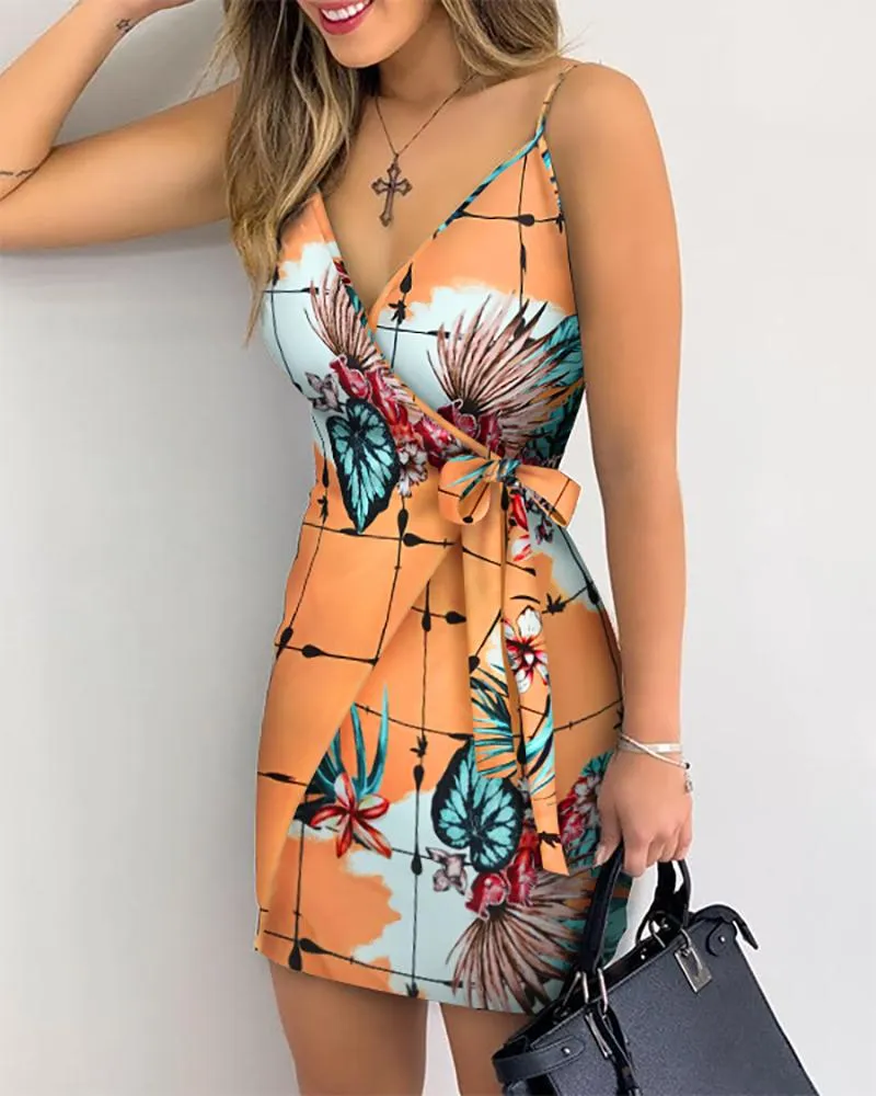 Tropical Print V-Neck Trendy Wrap Casual Dress