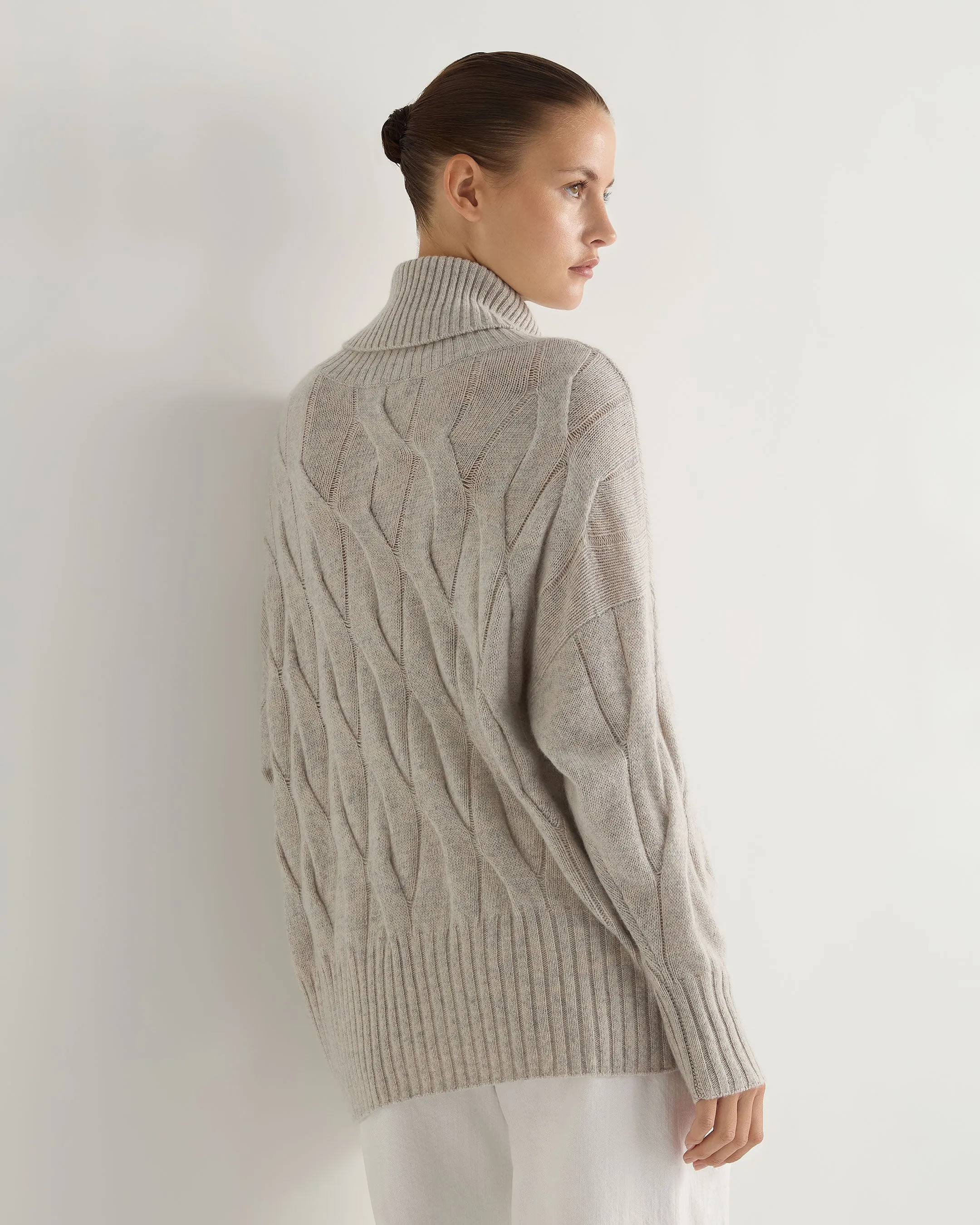 Women's Emmie Relaxed Cable Roll Neck Cashmere Jumper Nougat Brown Marl
